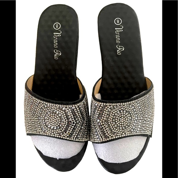 Verano Rio Woman’s Wedge Silver& Black Rhinestone Slide Platform Open Toe Sandal - Picture 2 of 4